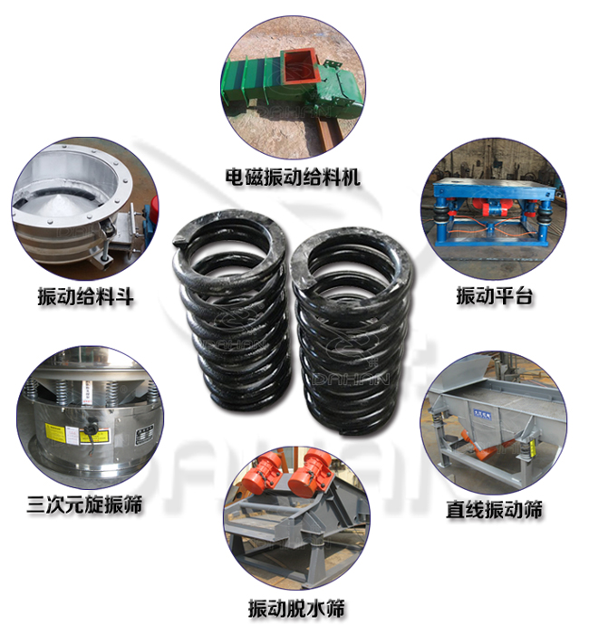 旋振篩減震彈簧適用產(chǎn)品：振動(dòng)給料機(jī)，電磁振動(dòng)給料機(jī)，振動(dòng)平臺(tái)，直線(xiàn)振動(dòng)篩，振動(dòng)脫水篩，三次元旋振篩。