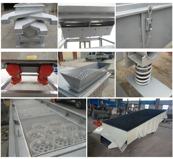 多層直線振動篩由進料口,底座,振動電機,篩網(wǎng),篩框,彈簧,出料口等組成。