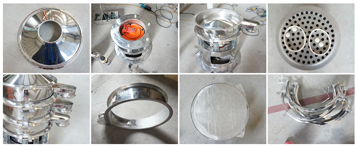 不銹鋼振動(dòng)篩結(jié)構(gòu)展示：防塵蓋，出料口，閘門(mén)，篩網(wǎng)于彈跳球，底座，振動(dòng)彈簧等。