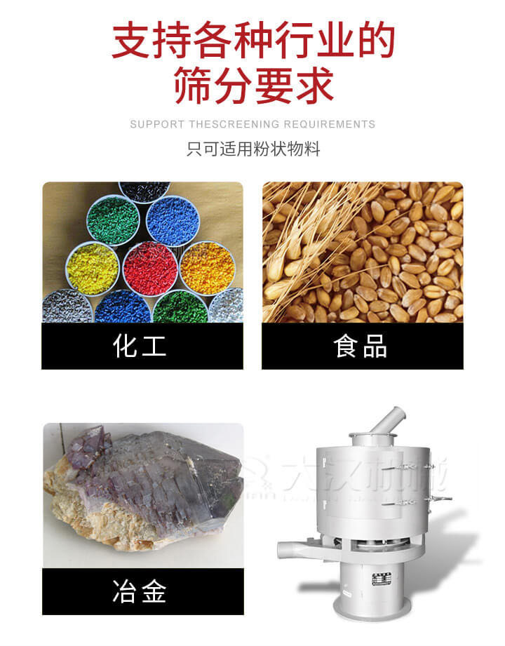氣流篩用于礦粉，石墨粉，活性納米碳酸鈣，鋁灰，大豆粉，碳酸重鈣，石墨粉，木粉，干草，重金石粉，藥粉末，橡膠顆粒，草酸鹽，干料粉，木粉，聚酯粉，干粉，塑料，金屬粉末，橡膠粉，粉煤灰，石墨粉，陶瓷粉，鋅粉，石英粉，石灰粉，鐵粉，金屬硅粉等。