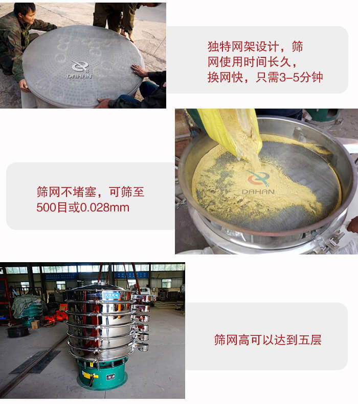 三次元振動篩的特點：篩網(wǎng)使用時間長換讓時間短，篩網(wǎng)不堵塞，可篩至500目或0.028mm。