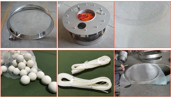 800型全不銹鋼振動(dòng)篩配件有：振動(dòng)篩篩框，電機(jī)，不銹鋼篩網(wǎng)等。
