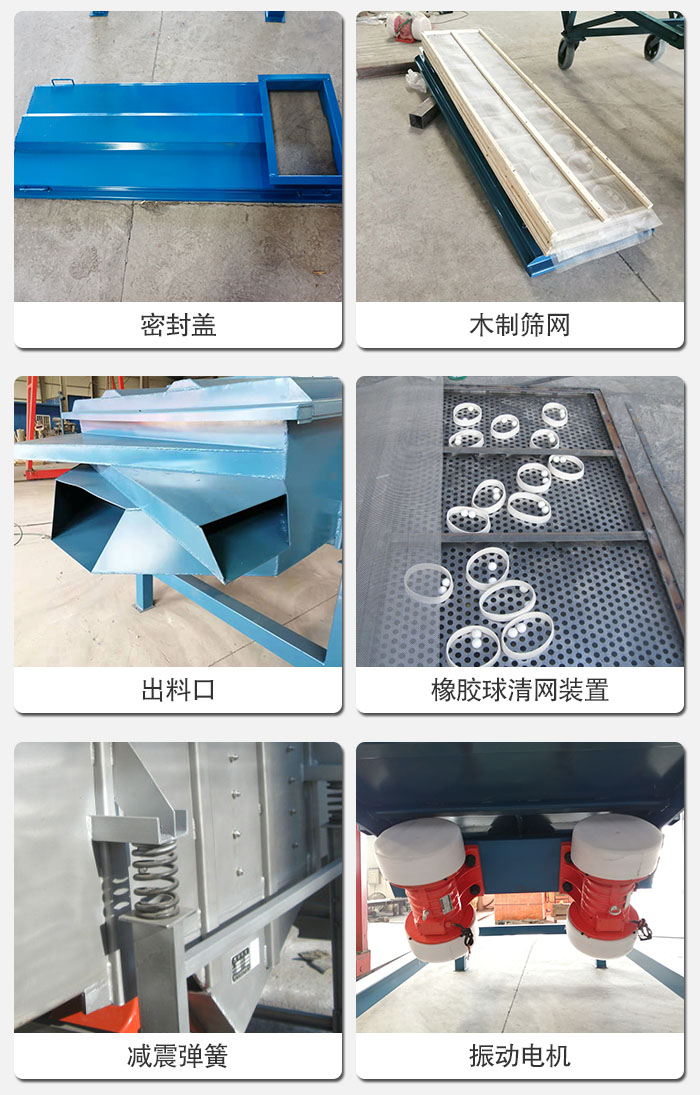 直線篩結(jié)構(gòu)展示：篩網(wǎng)，篩箱，振動(dòng)電機(jī)，振動(dòng)電機(jī)座，減震彈簧，支架等部件展示圖