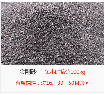 篩分金剛砂每小時(shí)100kg，有腐蝕性，過(guò)16、30、50目篩網(wǎng)