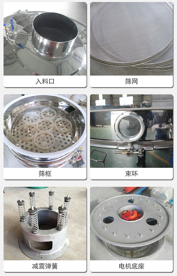 醫(yī)藥振動(dòng)篩有電機(jī)底座，減震彈簧，束環(huán)，篩框，入料口，篩網(wǎng)等部件展示。