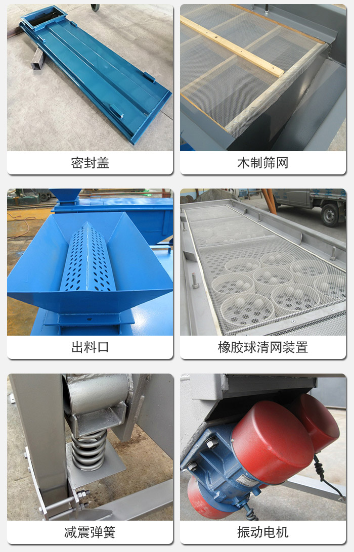 直線篩分機(jī)的結(jié)構(gòu)展示圖：篩箱是物料主要篩分設(shè)備之一，篩網(wǎng)用于篩分物料，振動(dòng)電機(jī)幫助篩網(wǎng)篩分。