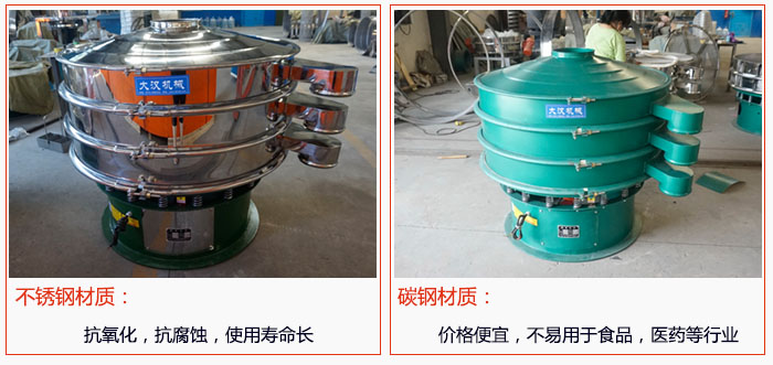 800型振動篩有不銹鋼和碳鋼兩種材質(zhì)，不銹鋼材質(zhì)：抗氧化，抗腐蝕，使用壽命長 碳鋼材質(zhì)：價格便宜，不易篩分食品，化工，醫(yī)藥等行業(yè)的物料。