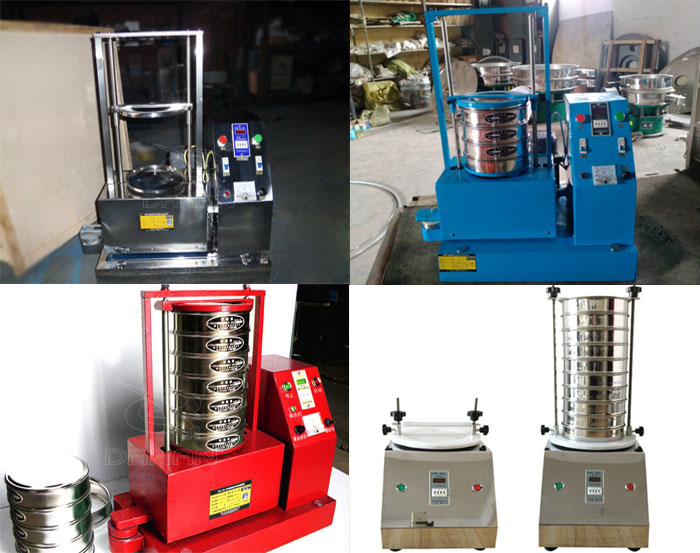 三種不同類型的試驗(yàn)篩，區(qū)別控制臺(tái)在下部或在右側(cè)。材質(zhì)為不銹鋼和碳鋼兩種，碳鋼材質(zhì)做了噴漆有：紅色和藍(lán)色兩種。