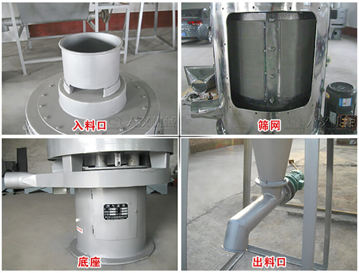 氣流篩部件展示：入料口，篩網(wǎng)，底座，出料口等。