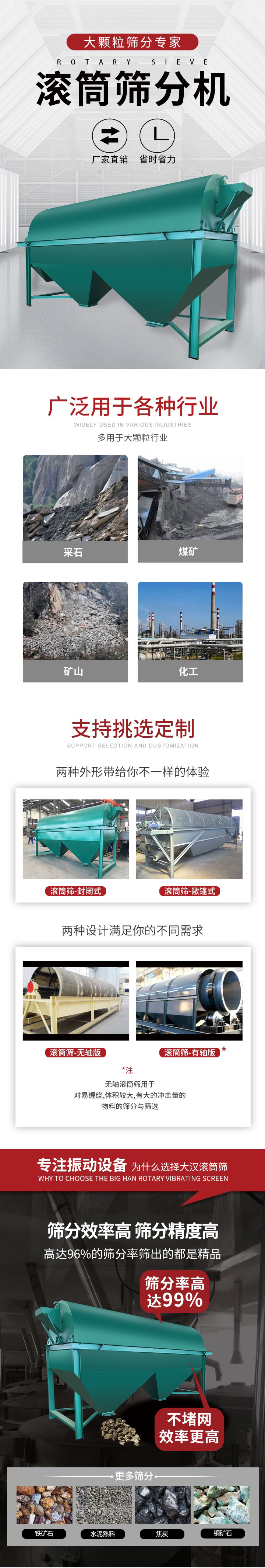 滾筒篩分機(jī)大顆粒篩分專家：廠家直銷，省時(shí)省力。滾筒篩被廣泛應(yīng)用各種行業(yè)：多用于大顆粒行業(yè)例如：采石，煤礦，礦山，化工等。滾筒篩定制類型有哪些：封閉式與敞篷式產(chǎn)品結(jié)構(gòu)分為：無軸式，有軸式兩種，無軸滾筒篩用于對(duì)纏繞，體積較大，有大的沖擊量的物料的篩分與篩選。滾筒篩篩分效率高篩分精度能夠達(dá)到：96%也比較適用于鐵礦石，水泥熟料，焦炭，銅礦石。滾筒篩特點(diǎn)：不飛粉末：密封隔離罩，密封性好，工作過程不會(huì)出現(xiàn)飛粉現(xiàn)象。外型尺寸是按筒體長(zhǎng)計(jì)