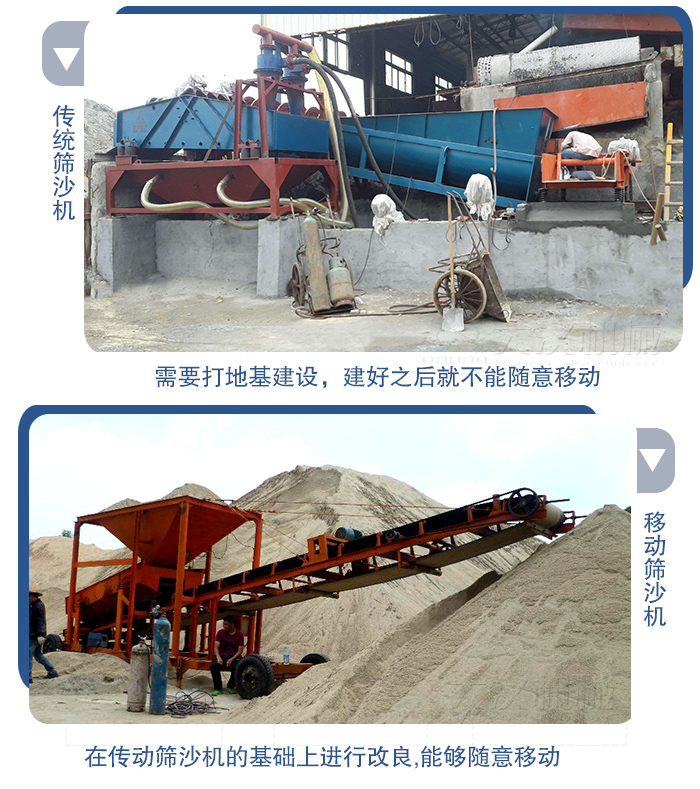移動(dòng)的篩沙機(jī)在安裝前需要打地基，而固定完畢后就不能隨意的移動(dòng)，而移動(dòng)篩沙機(jī)不需要打地并且隨時(shí)能夠進(jìn)行移動(dòng)。