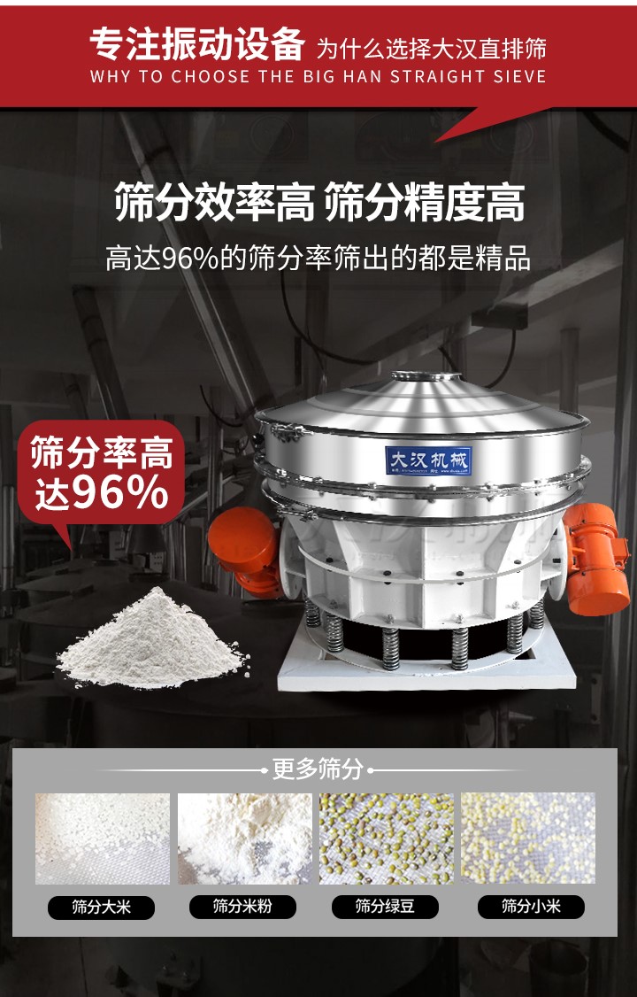 直排篩適用物料有面粉，淀粉，洗衣粉，金屬粉，添加劑，化工，非礦等行業(yè)。