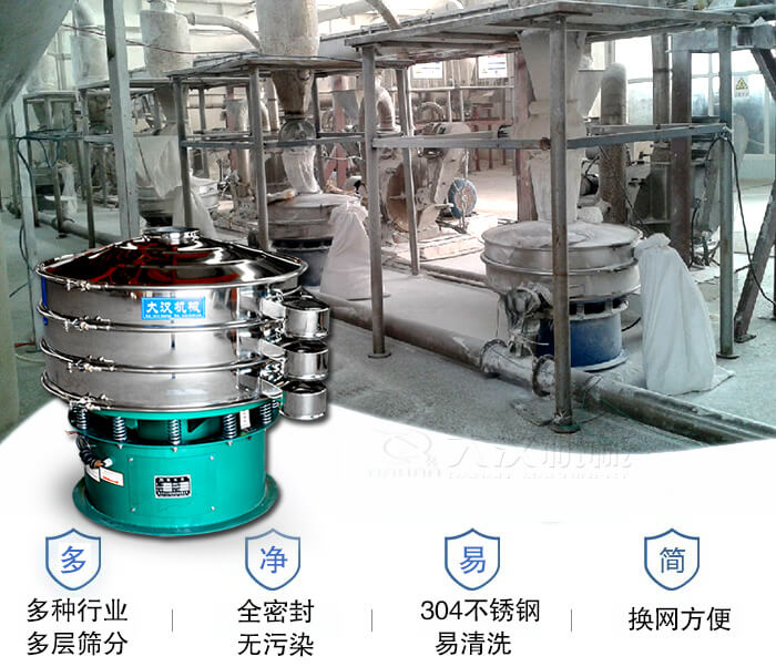 多種行業(yè)多層篩分采用全密封結(jié)構(gòu)，無污染。304不銹鋼材質(zhì)易清洗。同時換網(wǎng)方便。