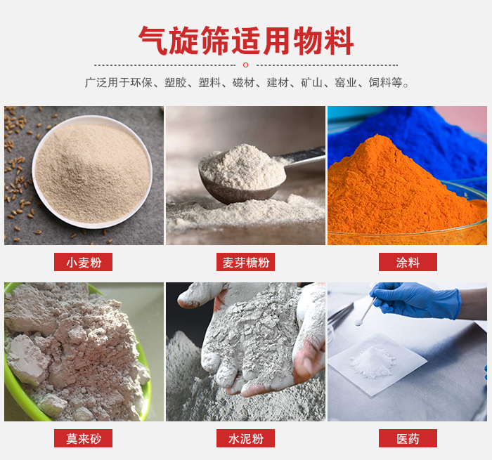 氣旋篩適用物料：小麥粉，麥芽糖粉，涂料，等粉狀物料。