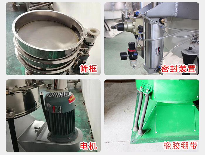搖擺篩結(jié)構(gòu)：電機(jī)，橡膠繃帶，篩框，密封裝置等。