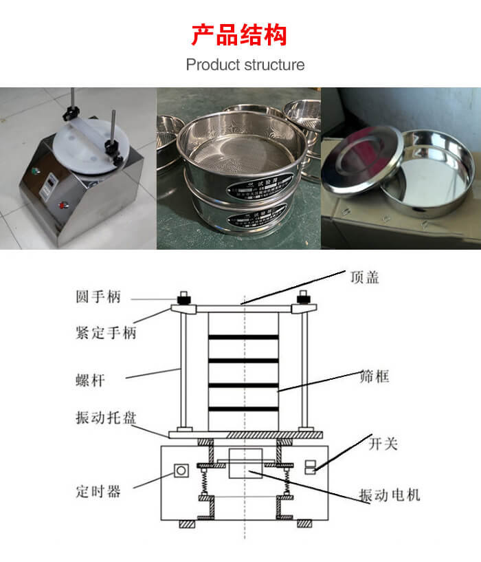 實(shí)驗(yàn)室振動(dòng)篩-試驗(yàn)篩結(jié)構(gòu)主要由：圓手柄，緊定手柄，螺桿，振動(dòng)托盤，篩框，頂蓋等。