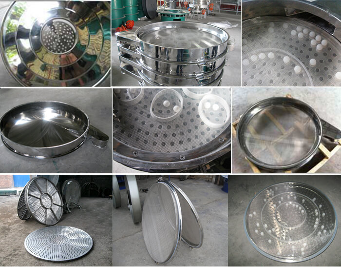 食品振動篩細節(jié)展示：防塵蓋，篩框，網(wǎng)架，底框等。